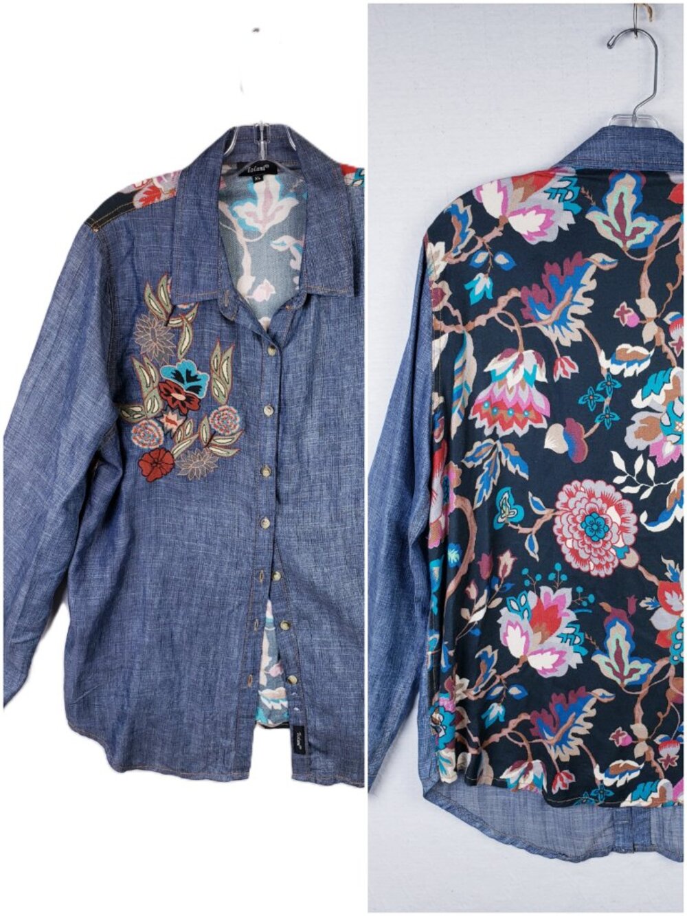Tolani Chambray Shirt Tunic Embroidered Contrast Floral Back Western Boho sz XL